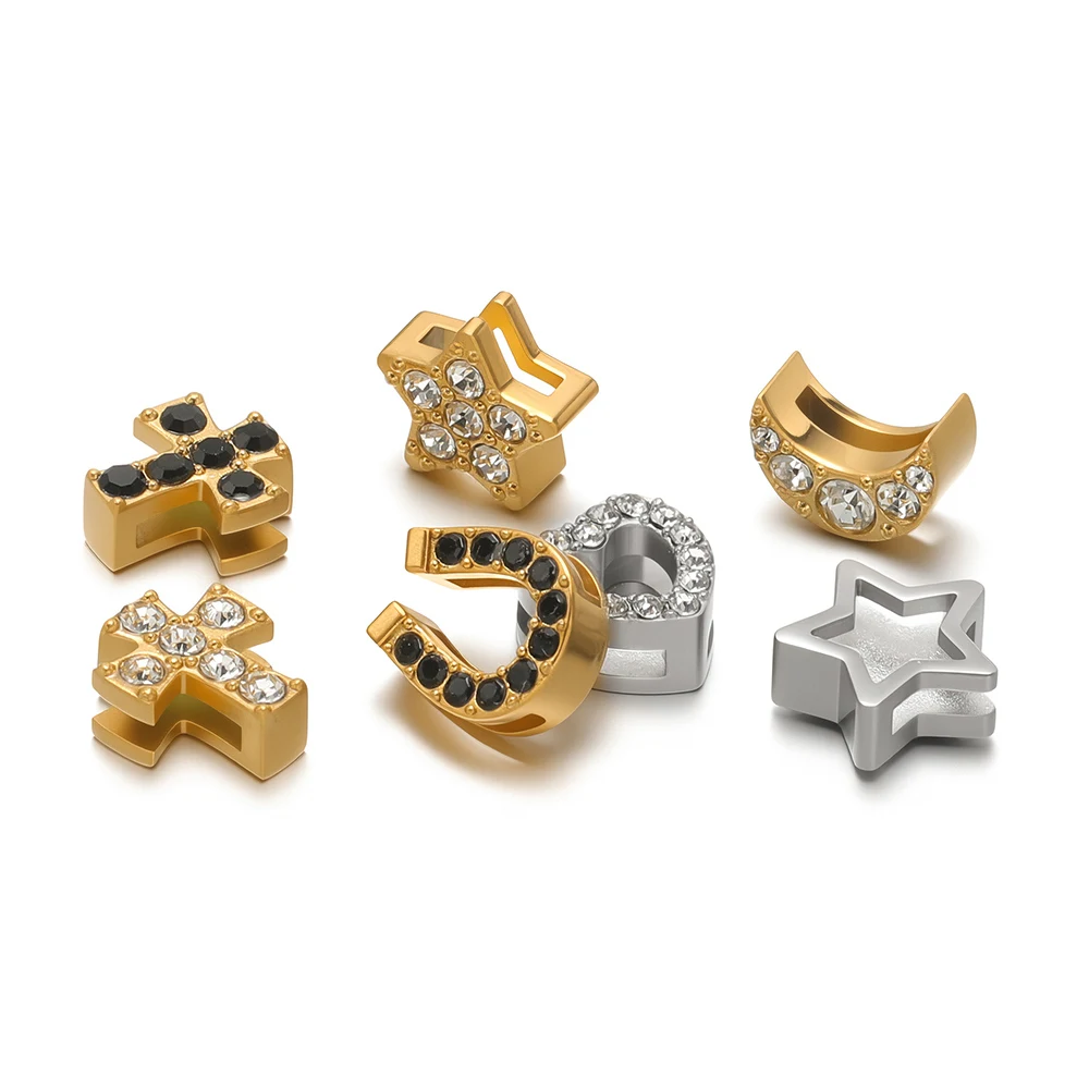 5Pcs 18K Gold Stainless Steel Heart Cross Star Beads Zircon Hole Bead Charm for DIY Necklace Bracelet Jewelry Making Accessories