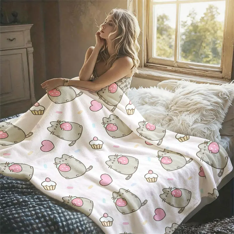 Pusheen Cat Strawberry Pink Flannel Blanket Perfect for Sofa Office Bed Travel Sleep Read Relax Camping Four Season Use