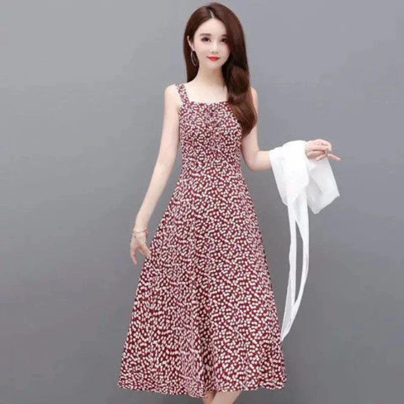 Chiffon Fragmented Flowers Dress Women's 2023 Spring/Summer New Slim and Age Reducing Suspended Dress Two Piece Set