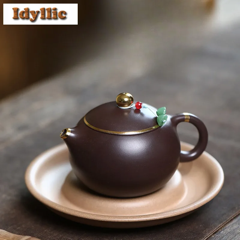 

270 мл Изысканные фиолетовые глиняные чайники Исин ручной работы с золотым рисунком Xishi Pot Raw Ore Фиолетовый грязевой чайник с заварочным устройством Чайный сервиз Zisha