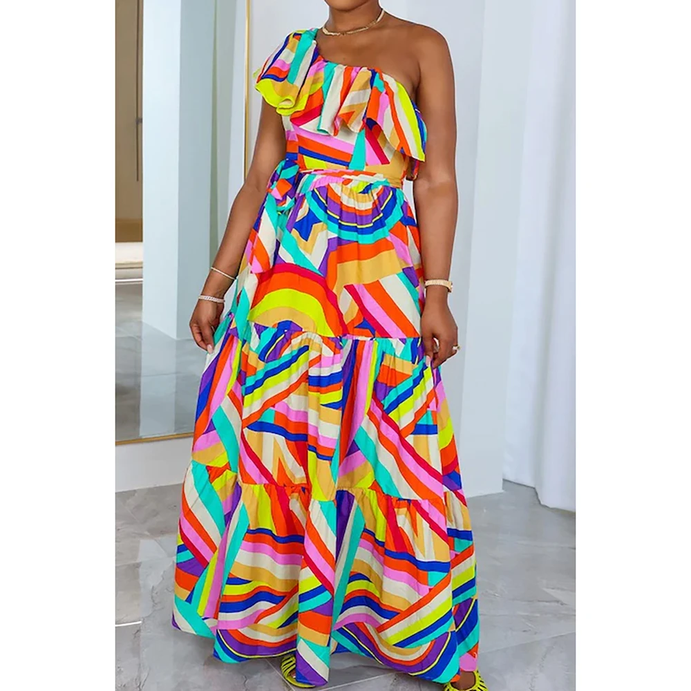 Plus Size Multicolor Casual All Over Print One Shoulder Ruffle Rainbow Maxi Dresses