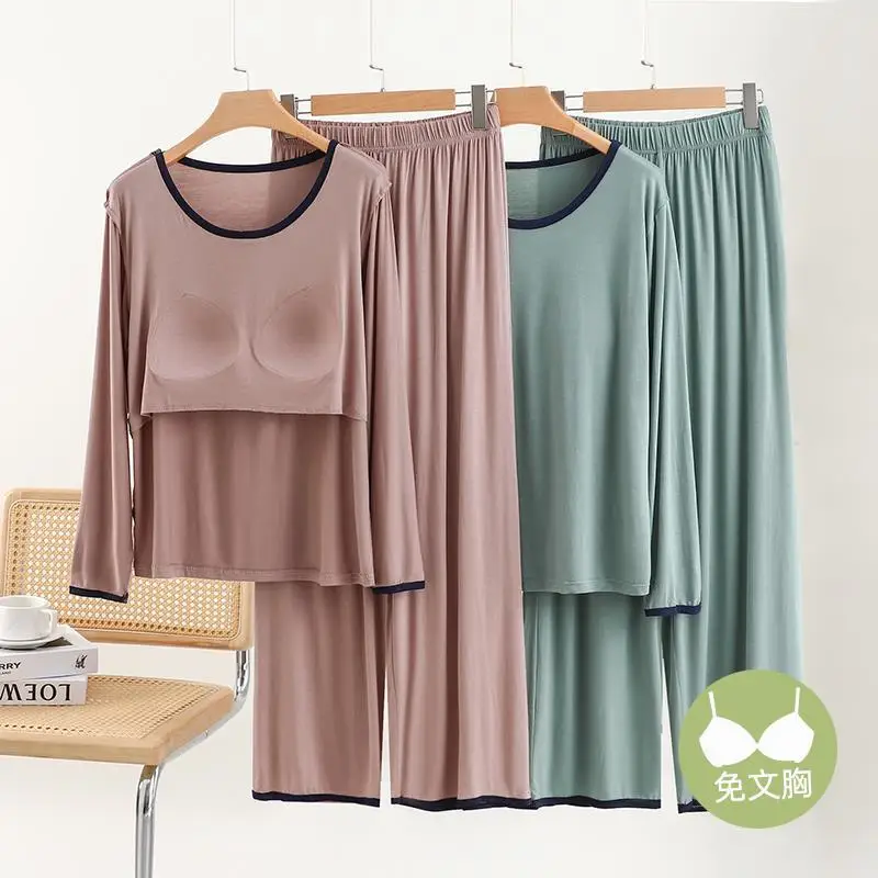 

Women's Pajamas With Pants Suit Comfort Modal Long Sleeve Chest Pad Top Trouser Sets Autumn Winter Sleepwear Woman Home Wear