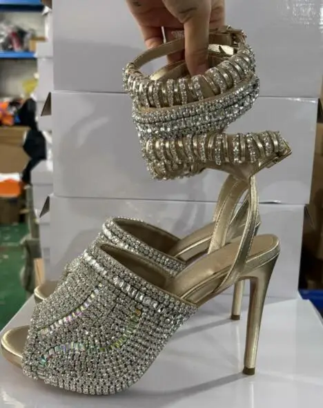 Bling Silver Rhinestone Embellished Peep Toe Sandals Women Stiletto High Heel Ankle Strap Party Wedding Dress Heels Sandals Lady view 2