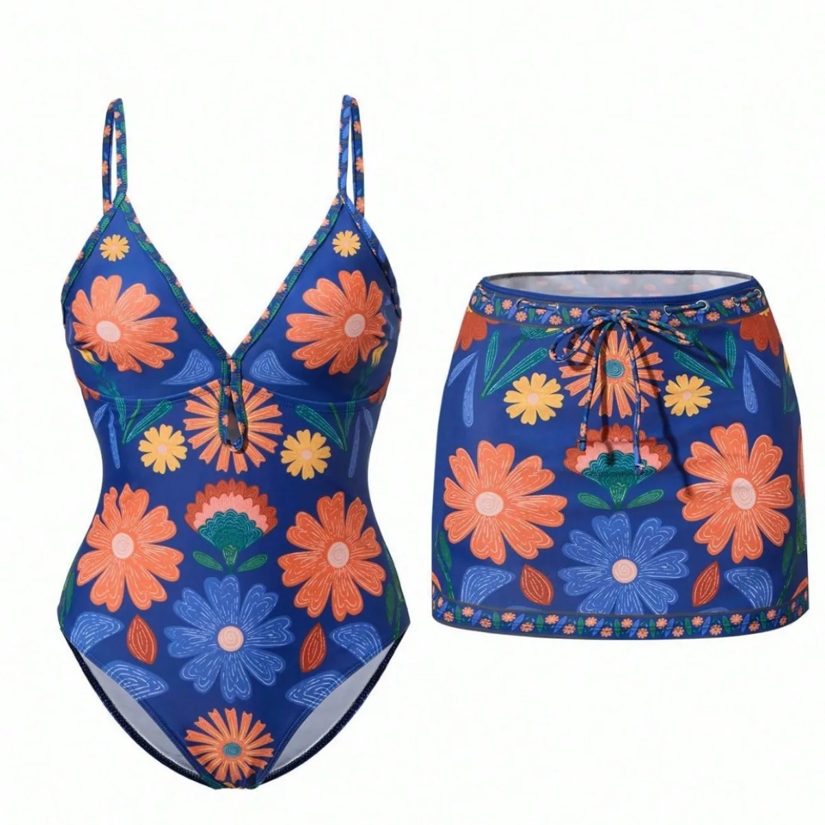2026 Neuer einteiliger Badeanzug mit Vintage-Druck und Rock für Damen mit tiefem Rüschenrand und Farbblock-Nassanzug, grenzüberschreitend