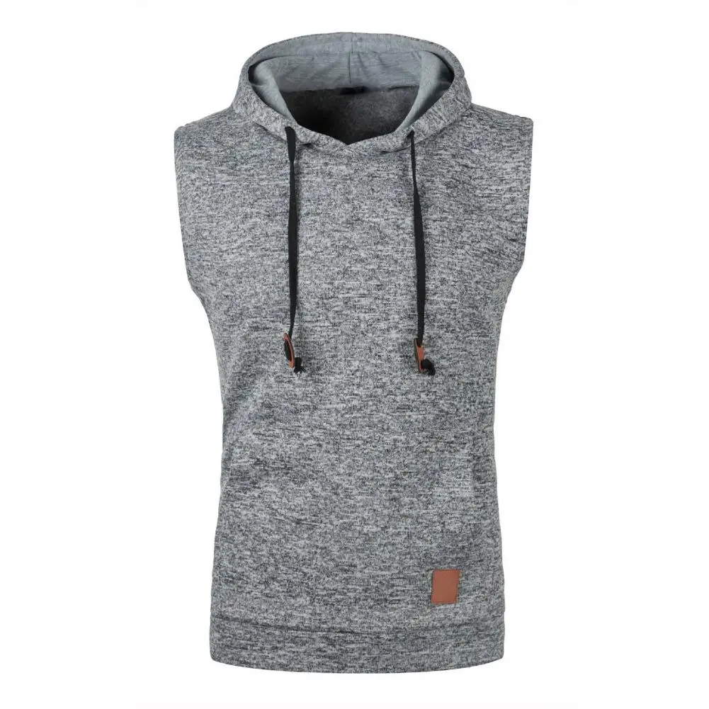 

Men Sports Vest Hooded Sleeveless Drawstring Big Pocket Slim Fit Elastic Soft Knitted Casual Workout Breathable Mid Length Men T