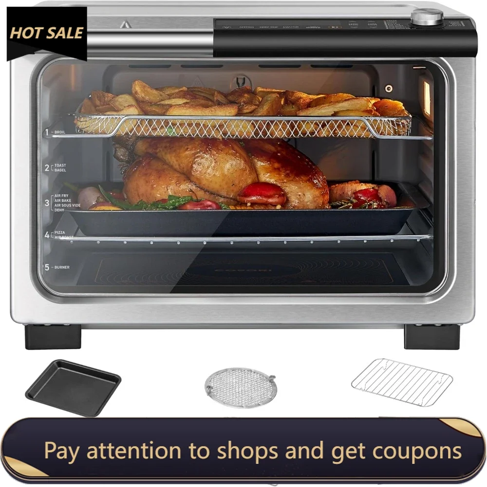 

11-in-1 Ceramic Air Fryer Toaster Oven Combo, Flat-Sealed Heating Elements for Easy Cleanup, 26QT, Silver, Stainless Steel