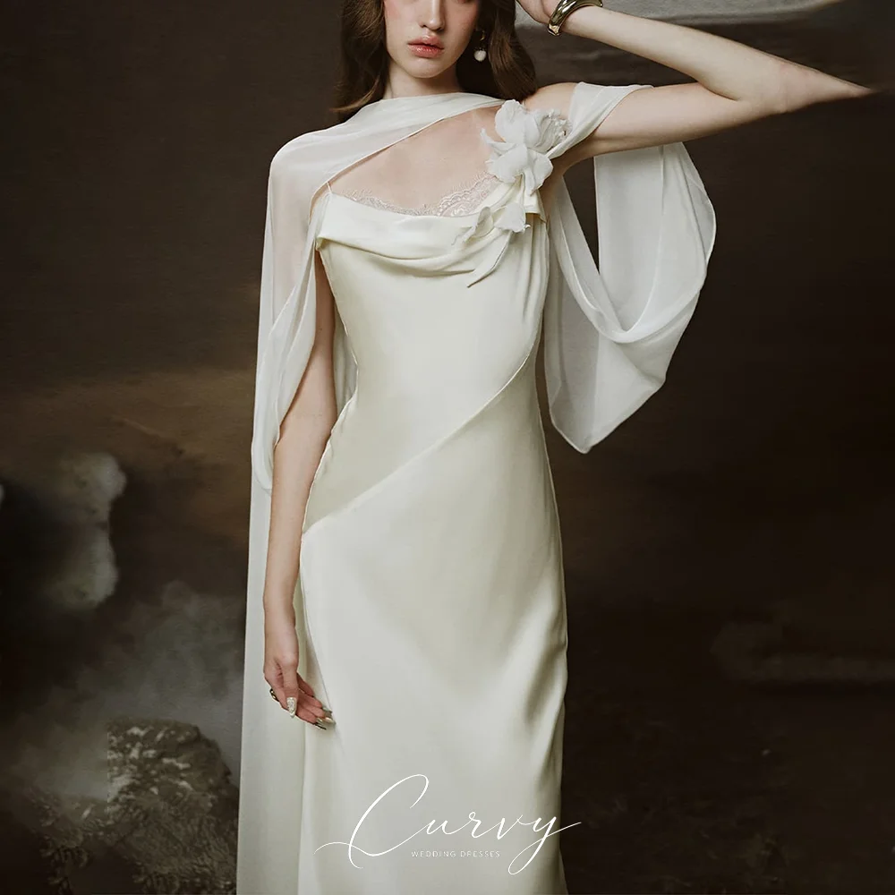 Curvy Sleek Regal Evening Dresses for Women Ivory Satin with Draped Cowl Neck Sheer Capelet 3D Floral Detail Customized