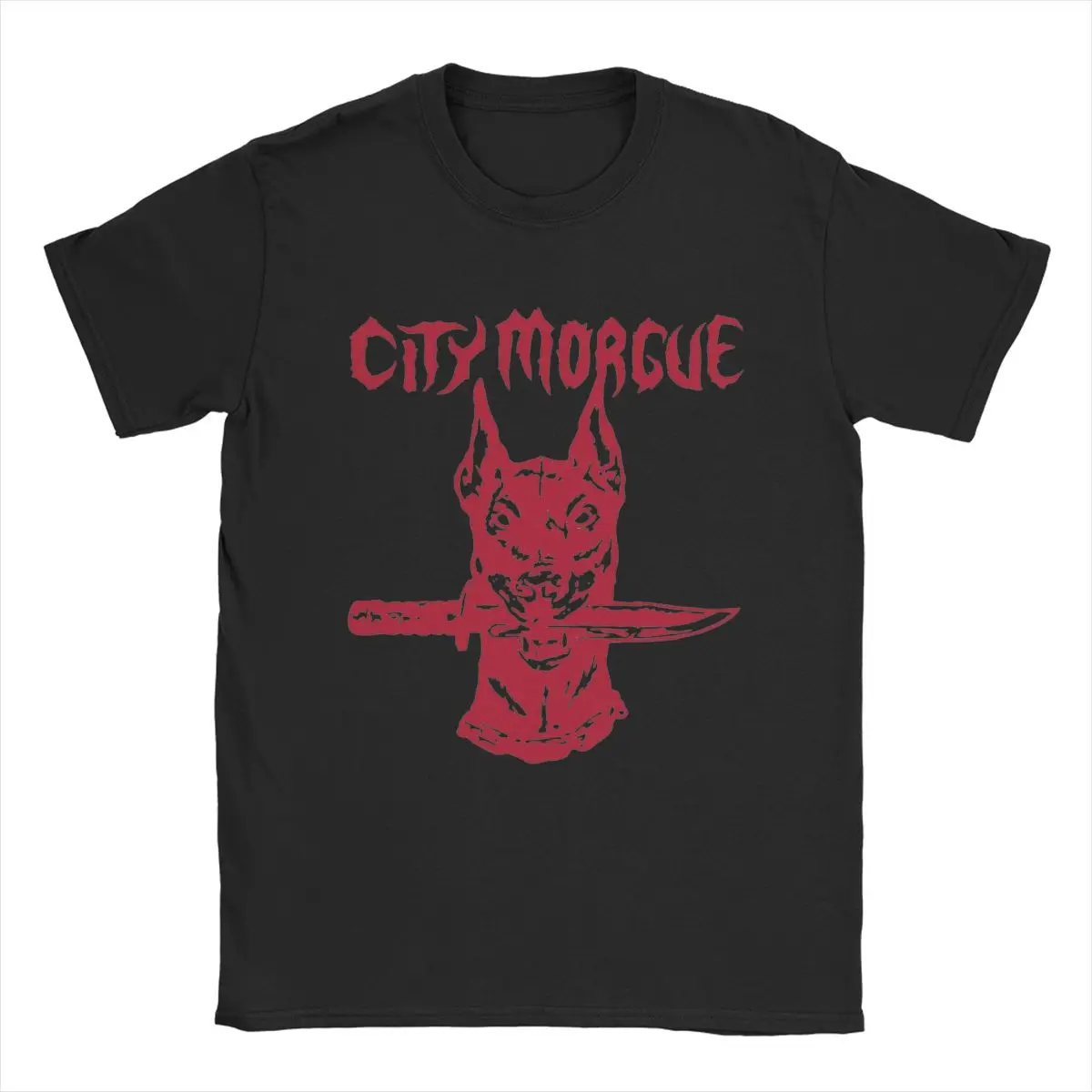 Camisetas con estampado de perro rojo con cuchillo para hombre, Tops de algodón puro, camisetas de cuello redondo de manga corta, camisetas impresionantes