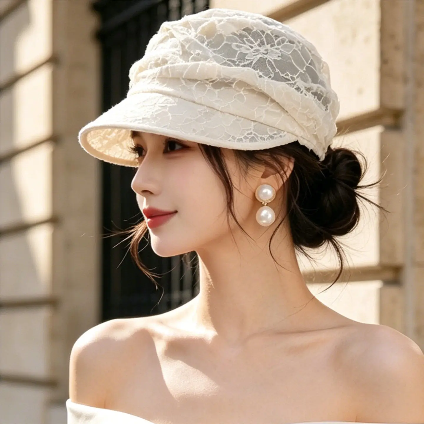 Lace Women's Summer New Breathable Wide Brim Hat Face Slimming Sun Protection Hat Octagonal Hat Casual Style Non-Folding Cap