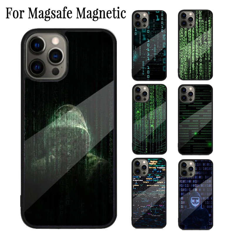 Hacker Binary Matrix Rain Magnetic Phone Case Coque For iPhone 16 15 14 Plus 13 12 Mini 11 Pro Max Magsafe Wireless Cover