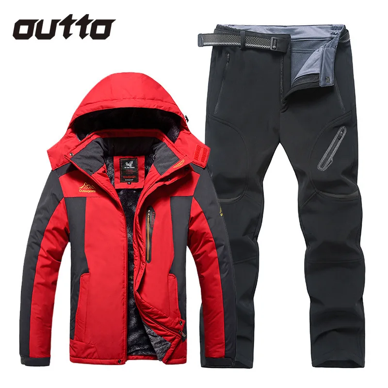 

Outdoor Sports Set Men's Thick Windproof Warm Hooded Charge Jacket Fleece Soft Shell Pants Hiking Camping Climbing Skiing Sets