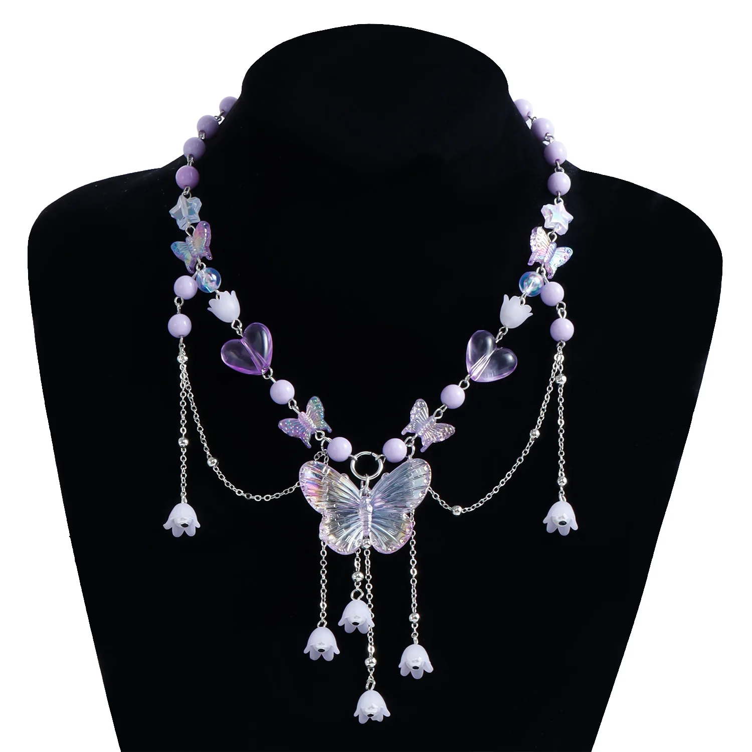 Style Beaded Choker Heart Shape Faux Pearl Butterfly Tassel Pendant for Women Minimalist Standard Length Multicolor