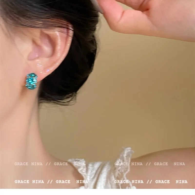 Crystal Stud Earrings Sapphire Blue Dazzling Niche High Quality Silver Post Chic Women Daily Office Party Elegant Jewelry