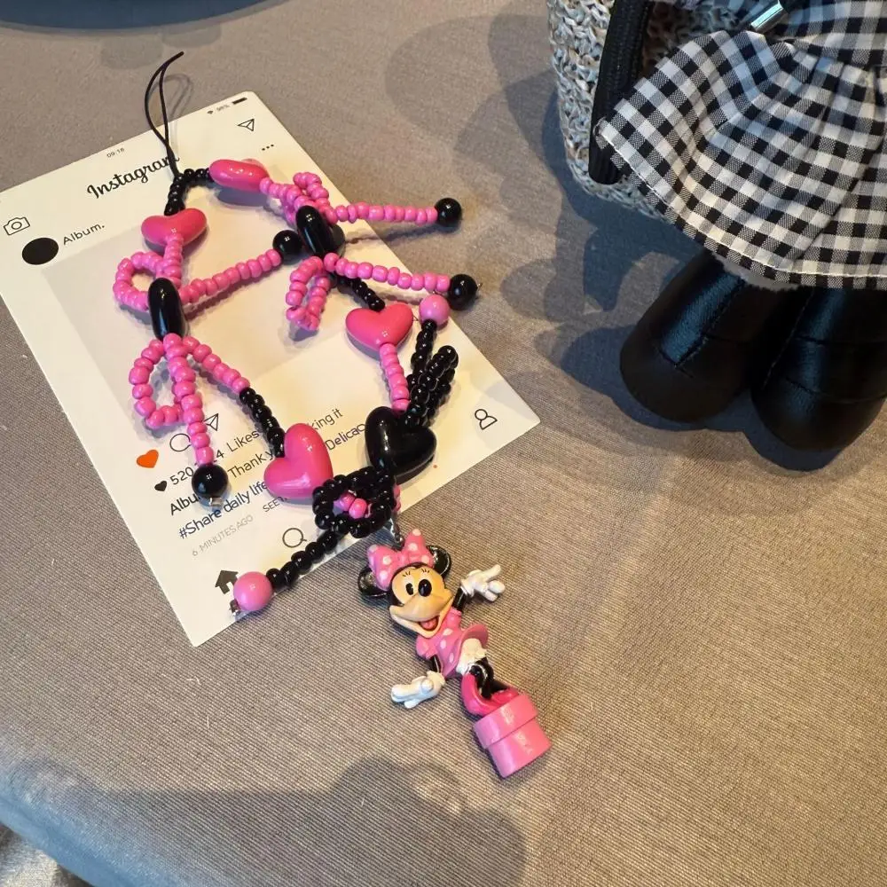 Disney Minnie Mouse Rosa rosso nero cuore di pesca Catena per cellulare Cartoon Portachiavi CCD fotocamera appesa decorazione Regalo per ragazza