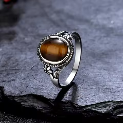 Natural 8*10MM Tiger's Eye Stone Finger Ring Fashion Jewelry Rings for Women Gift S925 Silver Flower Shaped Ring