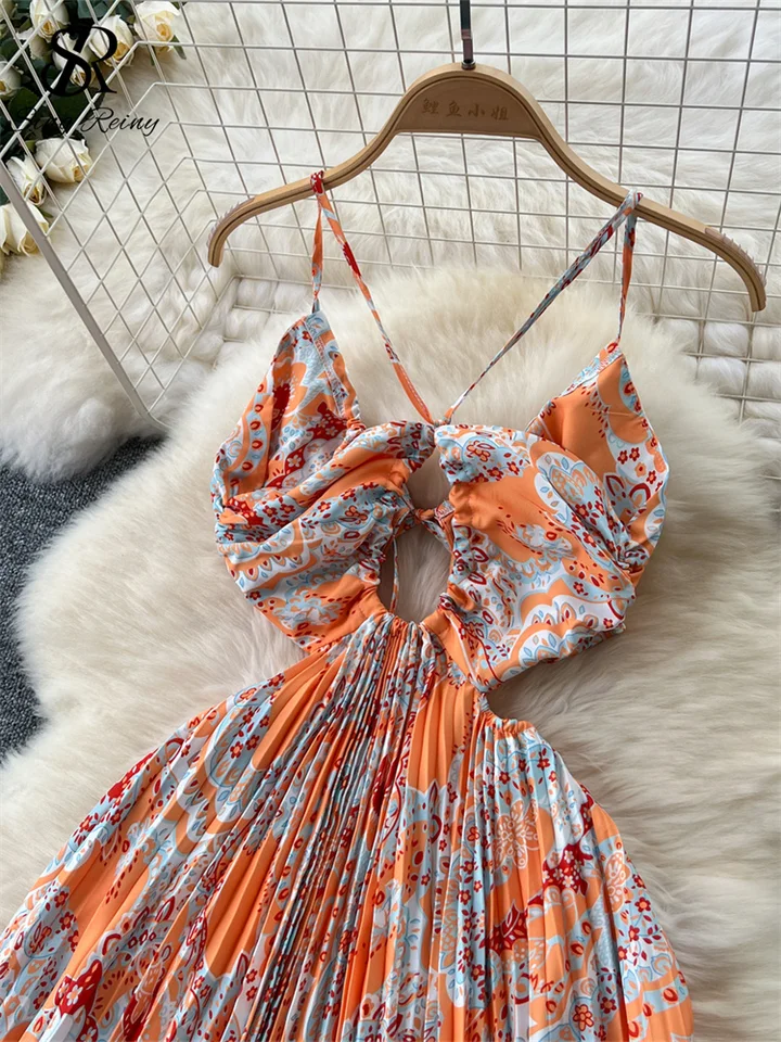 SINGREINY Hotsweet Vacation Beach Dress Spaghetti Strap Hollow Out Chic  Design Female Summer Print Pleated Large Swing Dresses