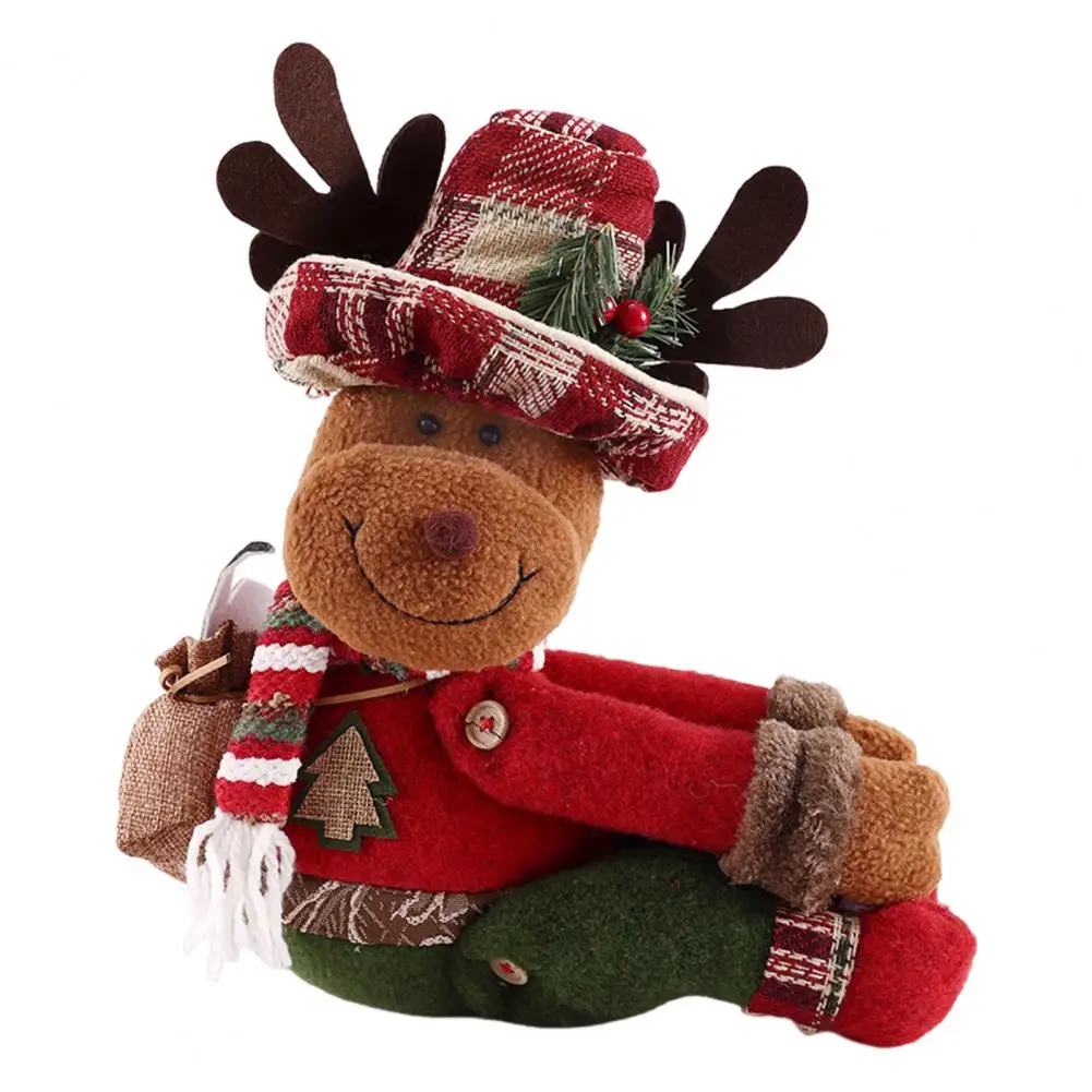 Plaid Hat Christmas Ornament Festive Christmas Curtain Buckle Tree Topper Decor Set with Plush Santa Snowman Elk Hugger for Home