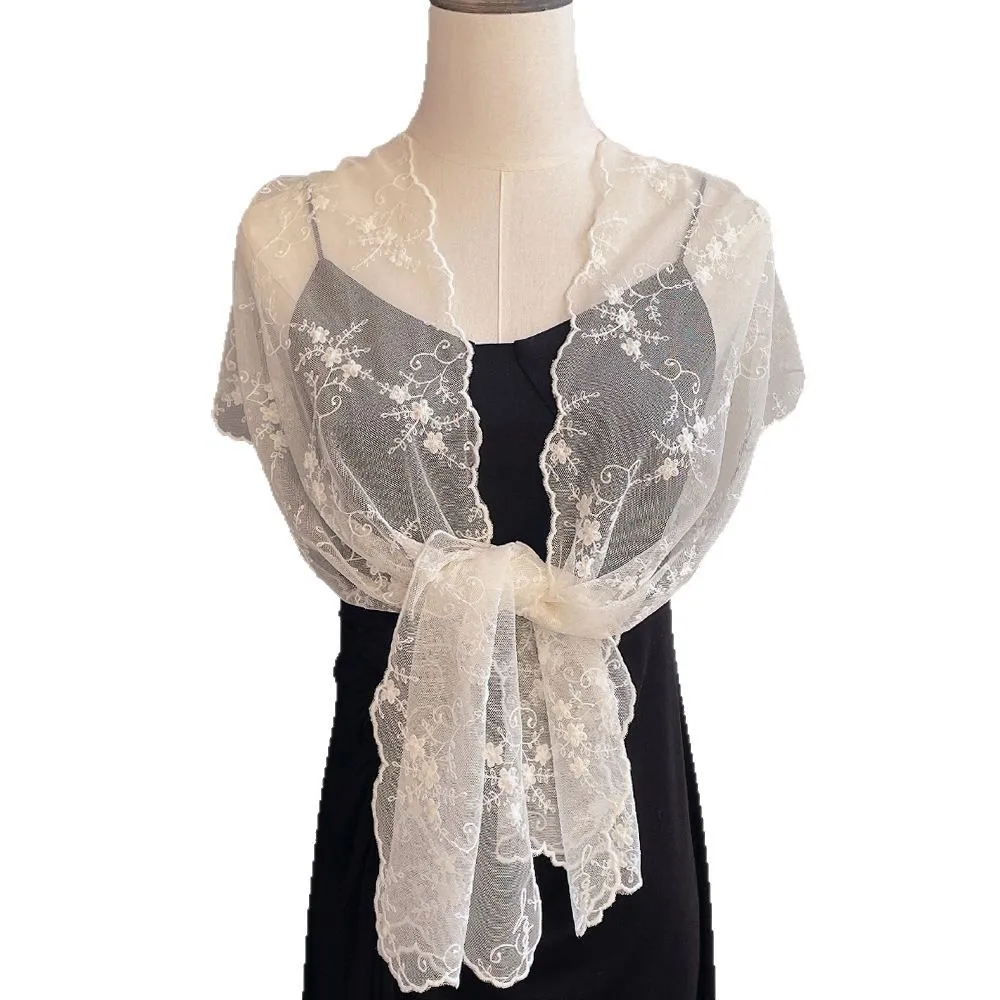 Doux princesse Style brodé dentelle Streamer Version large longue écharpe décorative croissant bord foulard en soie mince