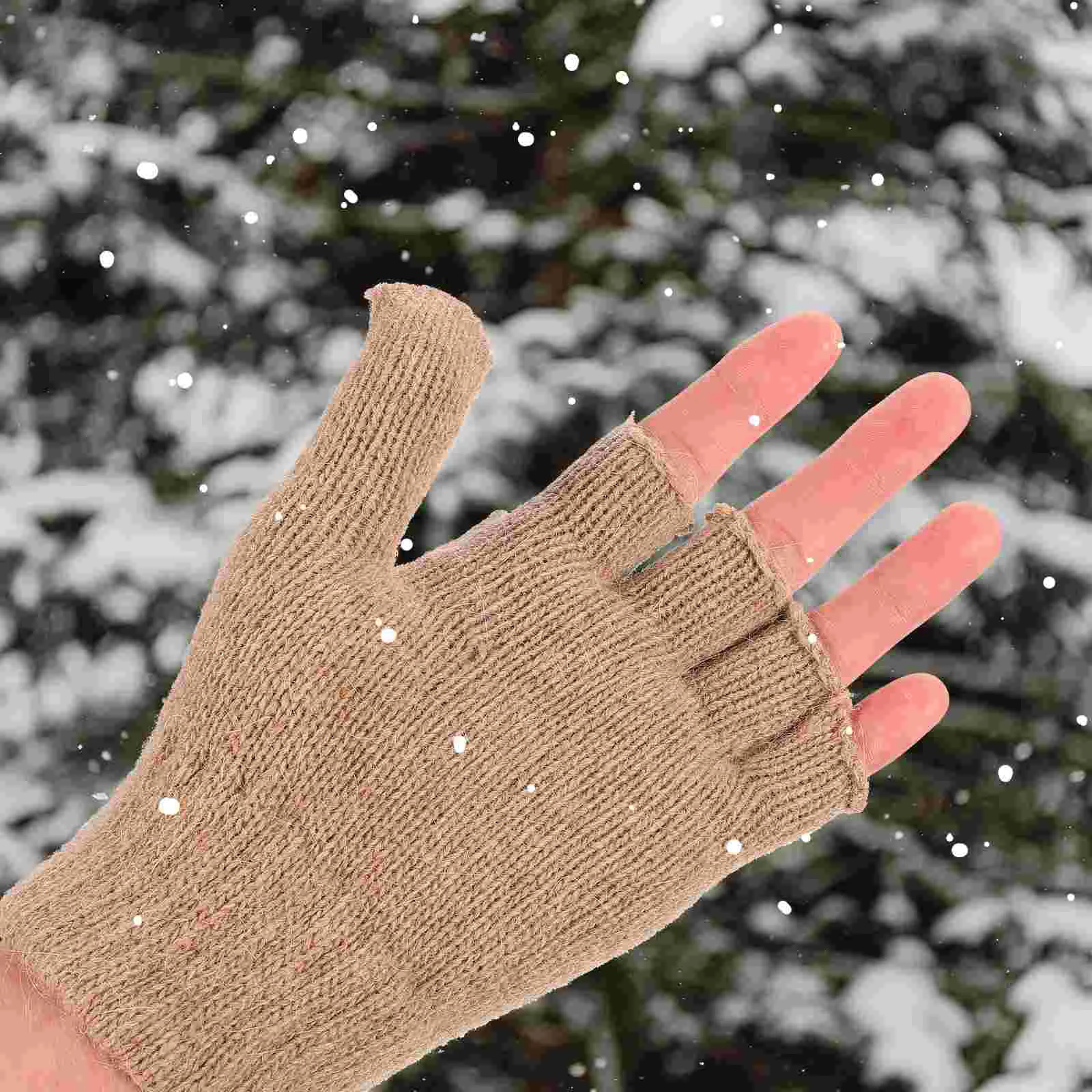 Oven Mitts Mitten Gloves Fingerless Winter Women Ultraviolet Light Wool Brown Women's