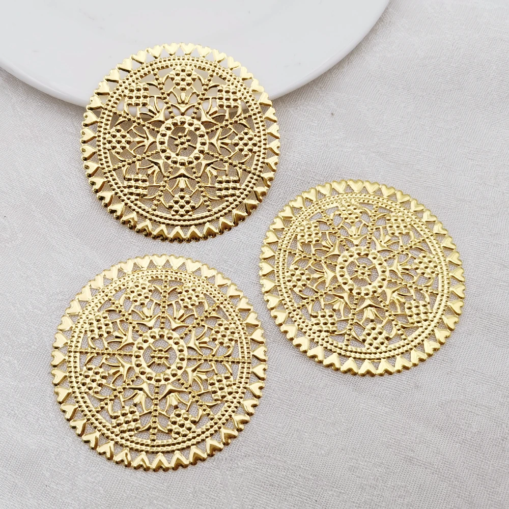 10 Pcs 60mm Metal Crafts Decoration DIY Accessories Round hollow pattern Base Charms Filigree Wraps Flower Connectors