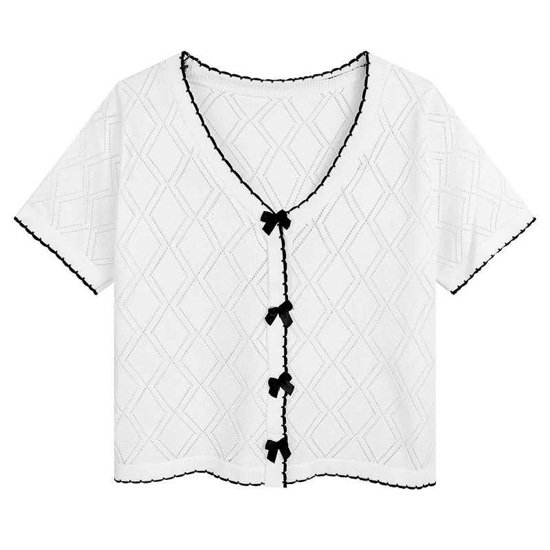 Women Summer 2023 New V-neck Loose Short Tops Bowknot Button White Thin T-shirts Ice Silk Short-sleeved Sweater T-shirt Sweet
