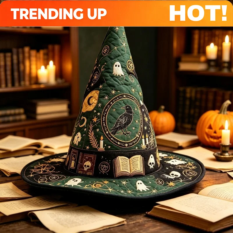 Customization Gothic Wizard Witch Hat With Raven Skull & Magic Book Quilted Print - Wide Brim Pointed Suitable For Cosplay Costu