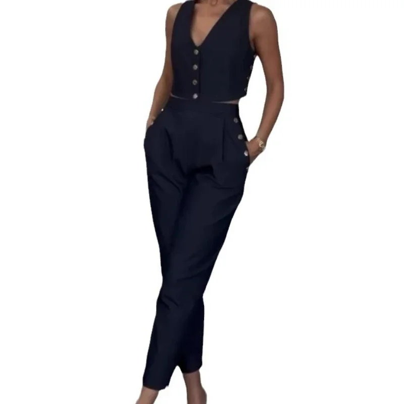 Two Piece Sets Women Slim Pants Set V Neck Sleeveless Work Y2k Vest Tops High Waist Elegant Splice Straight Long Pants Summer