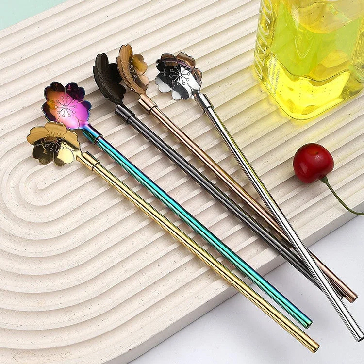 1pcs Mixing Spoon Reusable Straw Spoon SUS304 Stainless Steel Cocktail Stirring Spoon Milk Coffee Bar Accessories