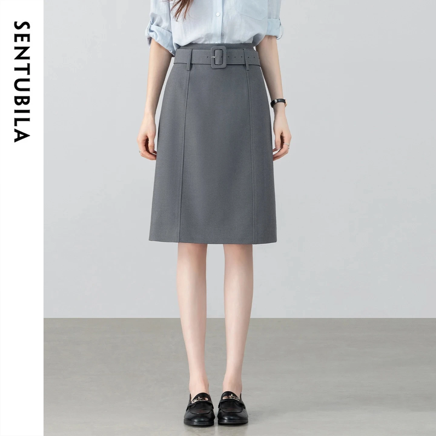 

SENTUBILA Women's High Waisted A-Line Skirt 2026 Summer New Casual Gray Detachable Belt Back Slit Office Short Skirt 161QA6332