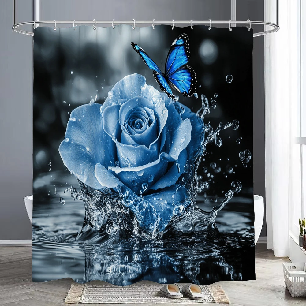 

Beautiful blue roses and butterfly Shower Curtain, Bathroom Decorative Shower Curtain, Printing Shower Curtain with Hooks