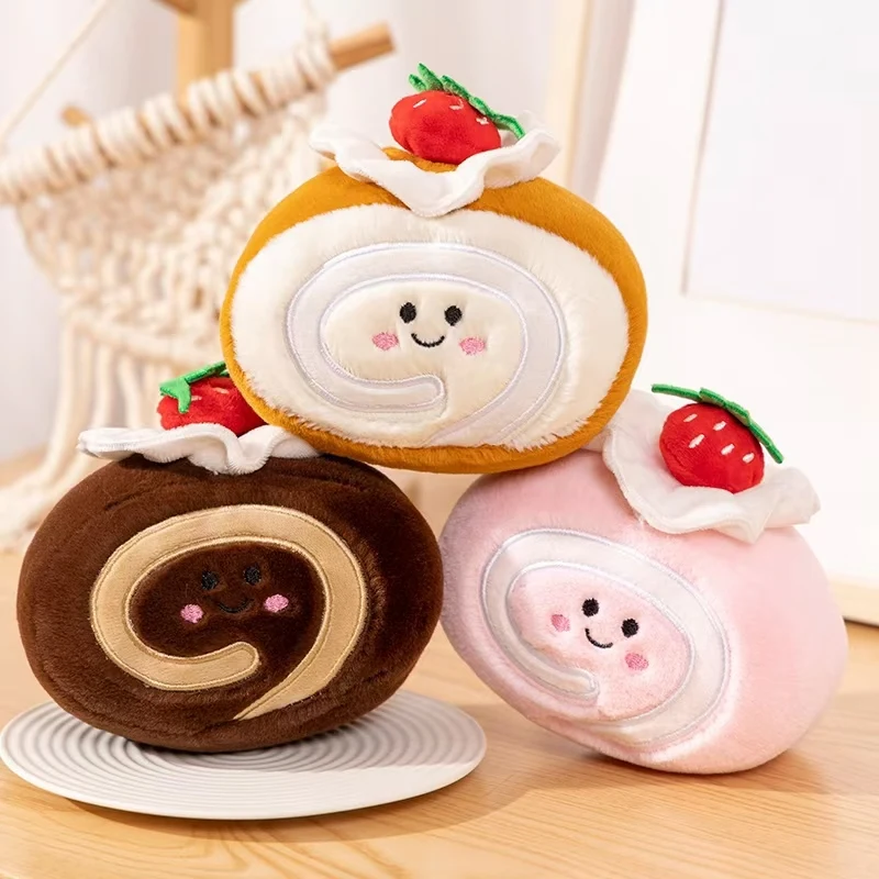Pastel de peluche, rollo suizo de fresa, bonita taza de té de la leche, juguete de peluche, decoración de fiesta de postre, regalo, juguetes para niños, regalo de cumpleaños