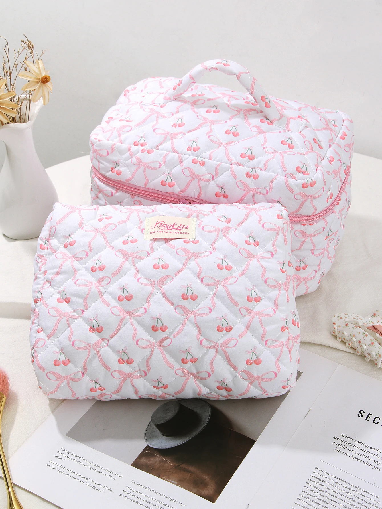 1pc/set Pink Bow Cherry Quilted Makeup Bag, Makeup Tool Storage Bag, Aesthetic Travel Toiletry Bag, Holiday Gift Makeup Bag