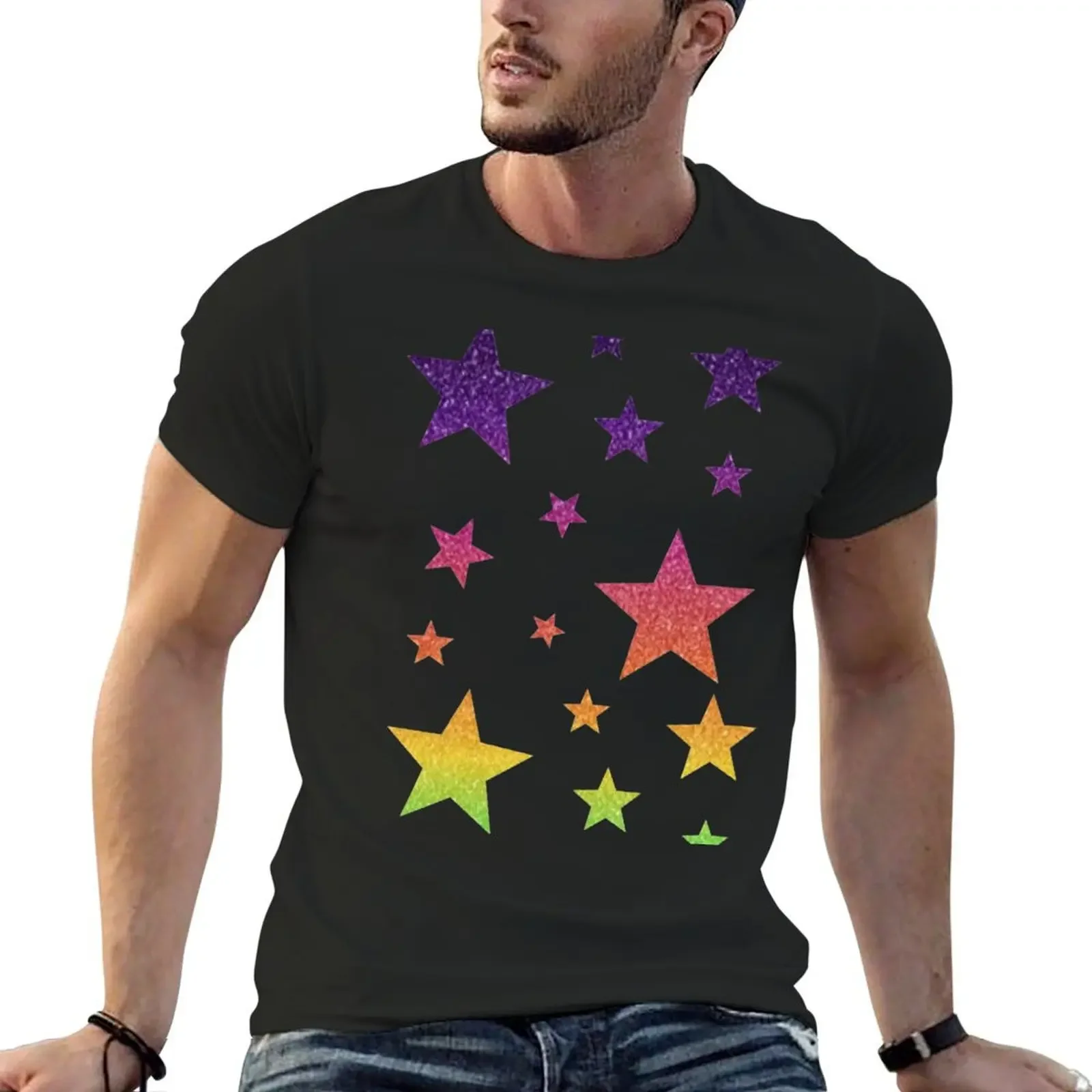 Bright Rainbow Ombre Faux Glitter Stars T-shirt quick drying vintage kawaii clothes sports fans mens graphic t-shirts pack