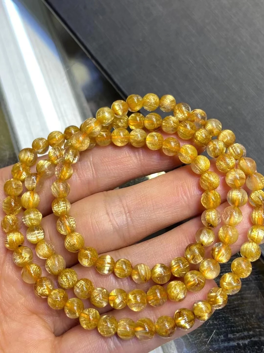 

Brazil Natural Gold Rutilated Titanium Quartz 3 Laps Bracelet 5.6mm Woman Men Wealthy Stone Clear Round Beads Crystal AAAAA