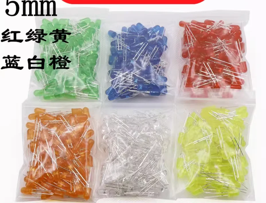 600pcs=6 colors*100pcs F5 Diffused Light Emitting Diode Lamp Assorted Kit Set White Red Green Blue Yellow Orange 5mm LED Kits