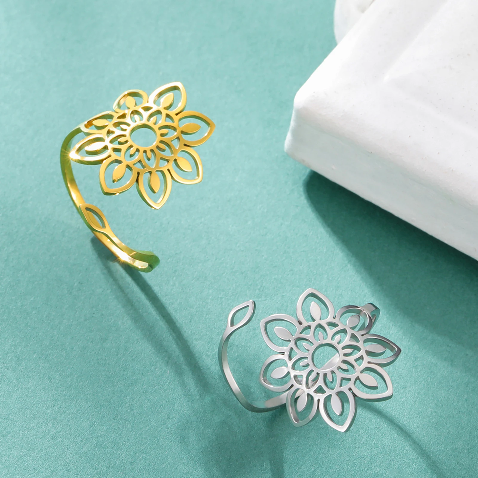 Teamer Filigree Yoga Lotus Flower Stainless Steel Ring Women Open Adjustable Vintage Finger Ring Buddhism Bohemian Jewelry Gifts image 2
