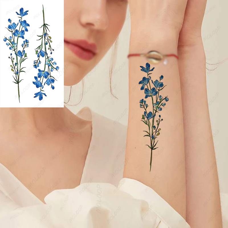 Tattoo Stickers Temporary Lovely Blue Flower Plant for Women Men Waterproof Hand Neck Arm Fake Tatto Makeup Body Art