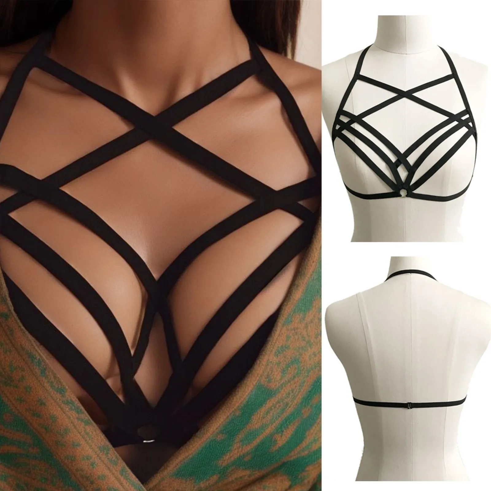 

Harness Bra Sexy Women Garters Hollow Out Elastic Cage Bra Gothic Bandage Strappy Halter Bustier Top Underwear Plus Size Harness