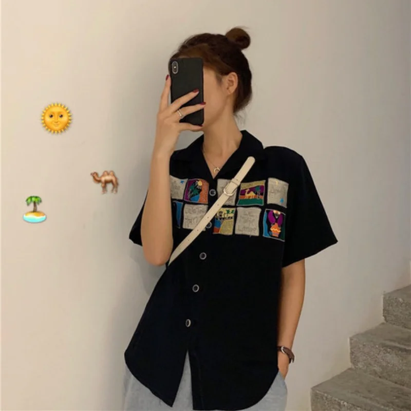 Simple Cartoon Printed Casual All Amtch Loose Button Line Basic 2023 Summer New Arrival Hot Sale College Wind Top Female Shirts