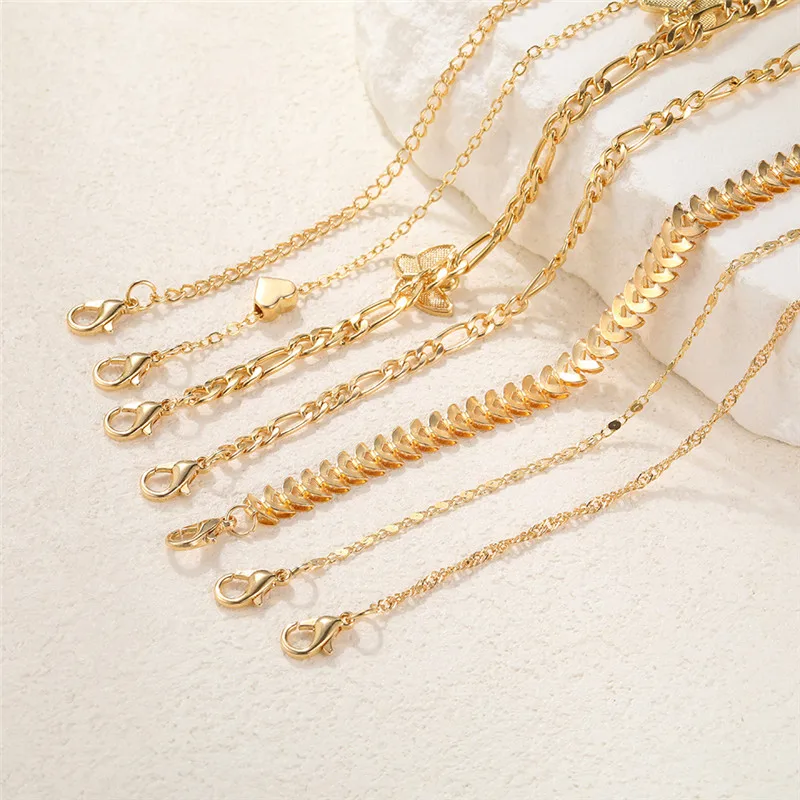 طقم خلخال فراشة وقلب عتيق ذهبي اللون للنساء ، خلخال متعدد الطبقات ، سوار على قدم الساق ، هدايا مجوهرات الشاطئ ، 7 في كل مجموعة #4