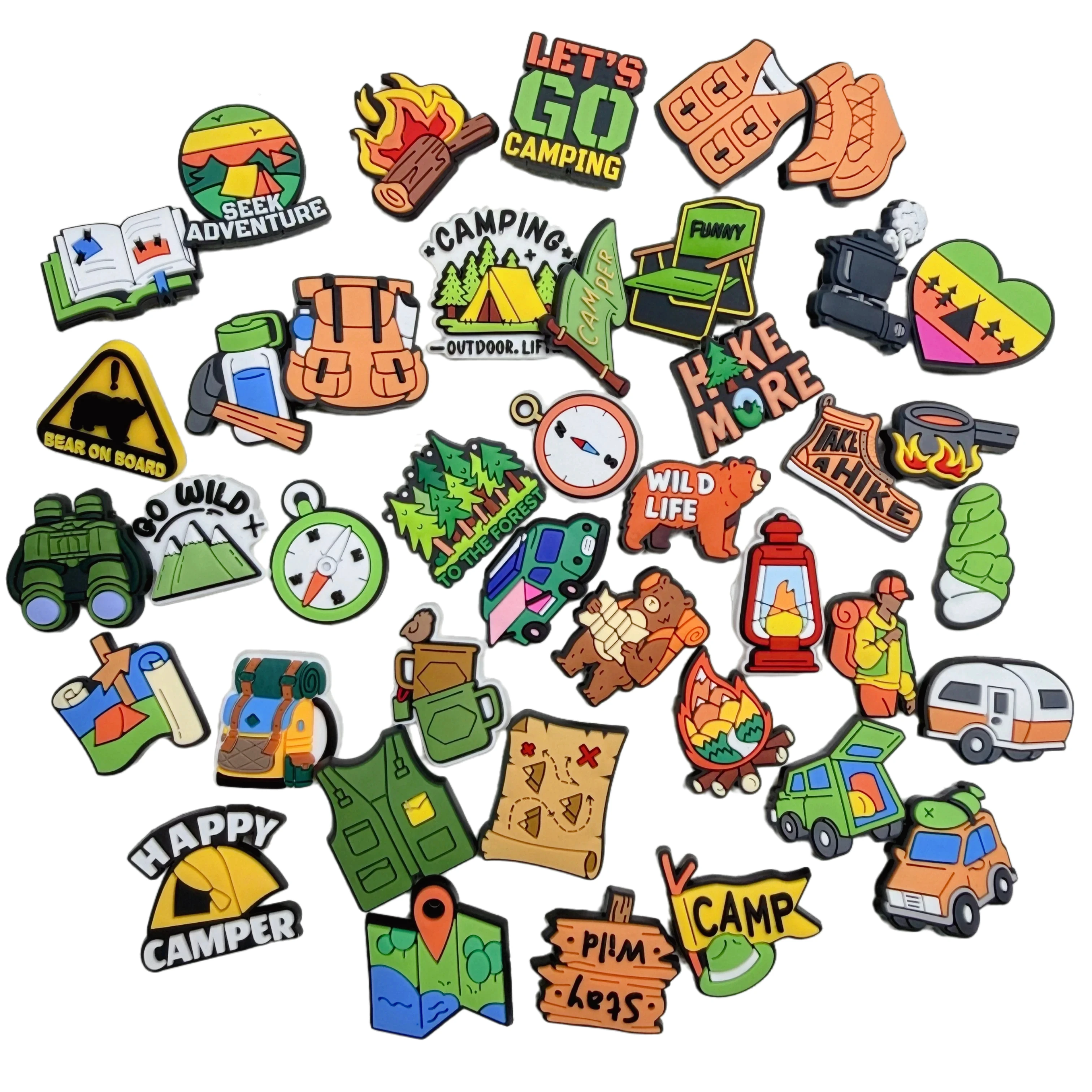 Wholesale 21-100Pcs Camping Equipment PVC Shoe Charms Stay Wild Campfire Slippers Decorations DIY Camper Bracelet