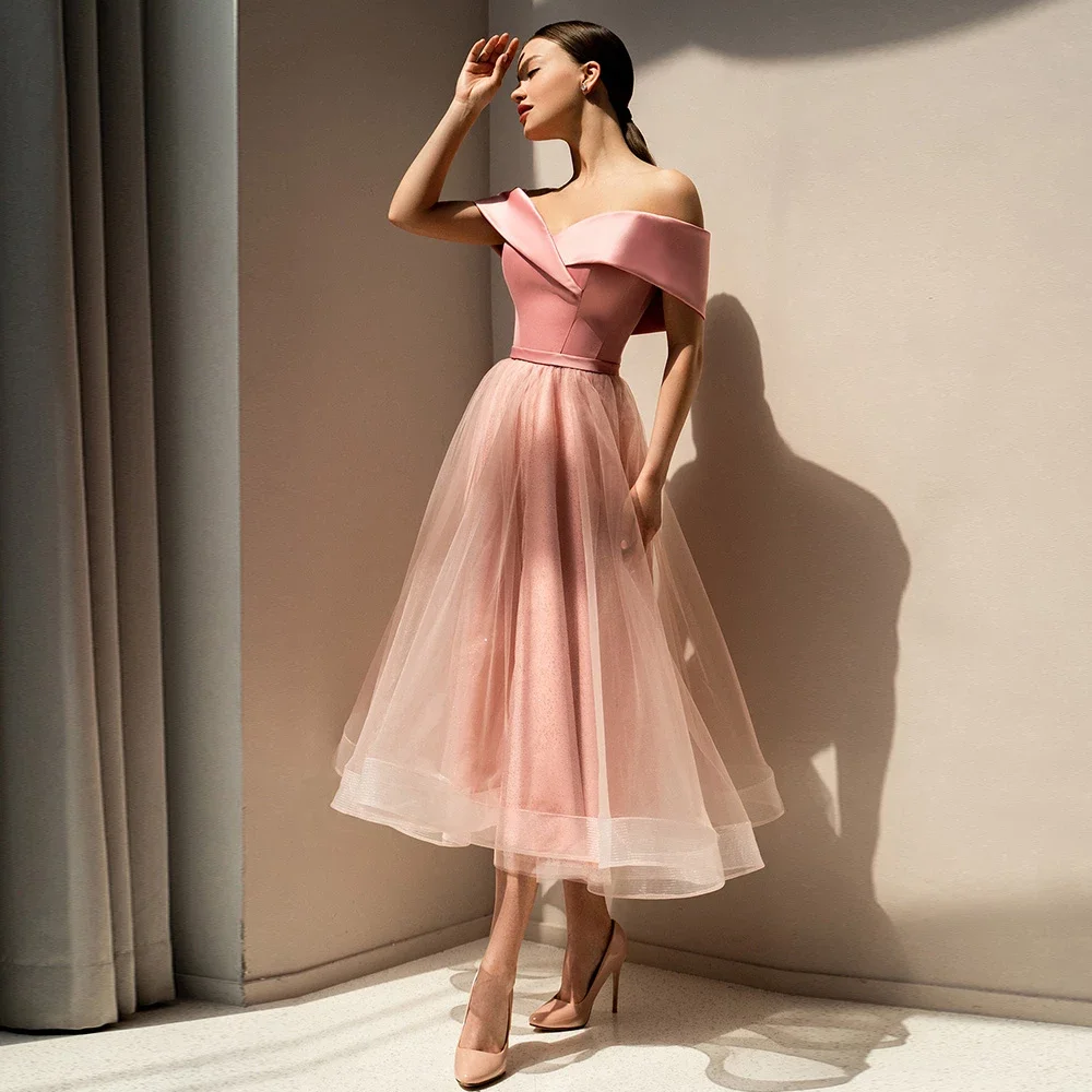 

Vinca Sunny Customized Pink Tulle Off the Shoulder Prom Gown for Women Tea Length Draped Party Evening Dress Robe De Soirée 2025