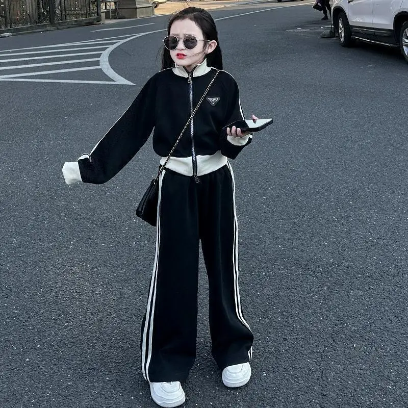 Spring Autumn Girls Crop Full Zip Sweatshirt Jacket+Sweatpant Work Set School Kids 2PCS Tracksuit Children Jogging Outfit