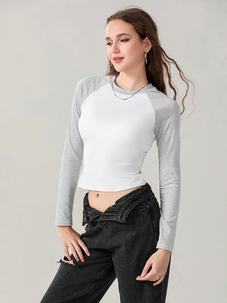 wsevypo Womens Patchwork Crop Tops Fall Spring Raglan Long Sleeve Round Neck Short T-Shirt Casual Basic Tees Streetwear image 2
