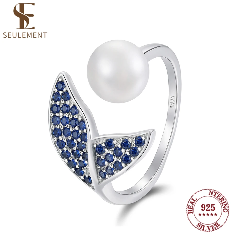 

Seulement S925 Silver Mermaid Tail Ring with White Pearl&Blue Cubic Zirconia Adjustable Open Finger Ring for Women Party Jewelry