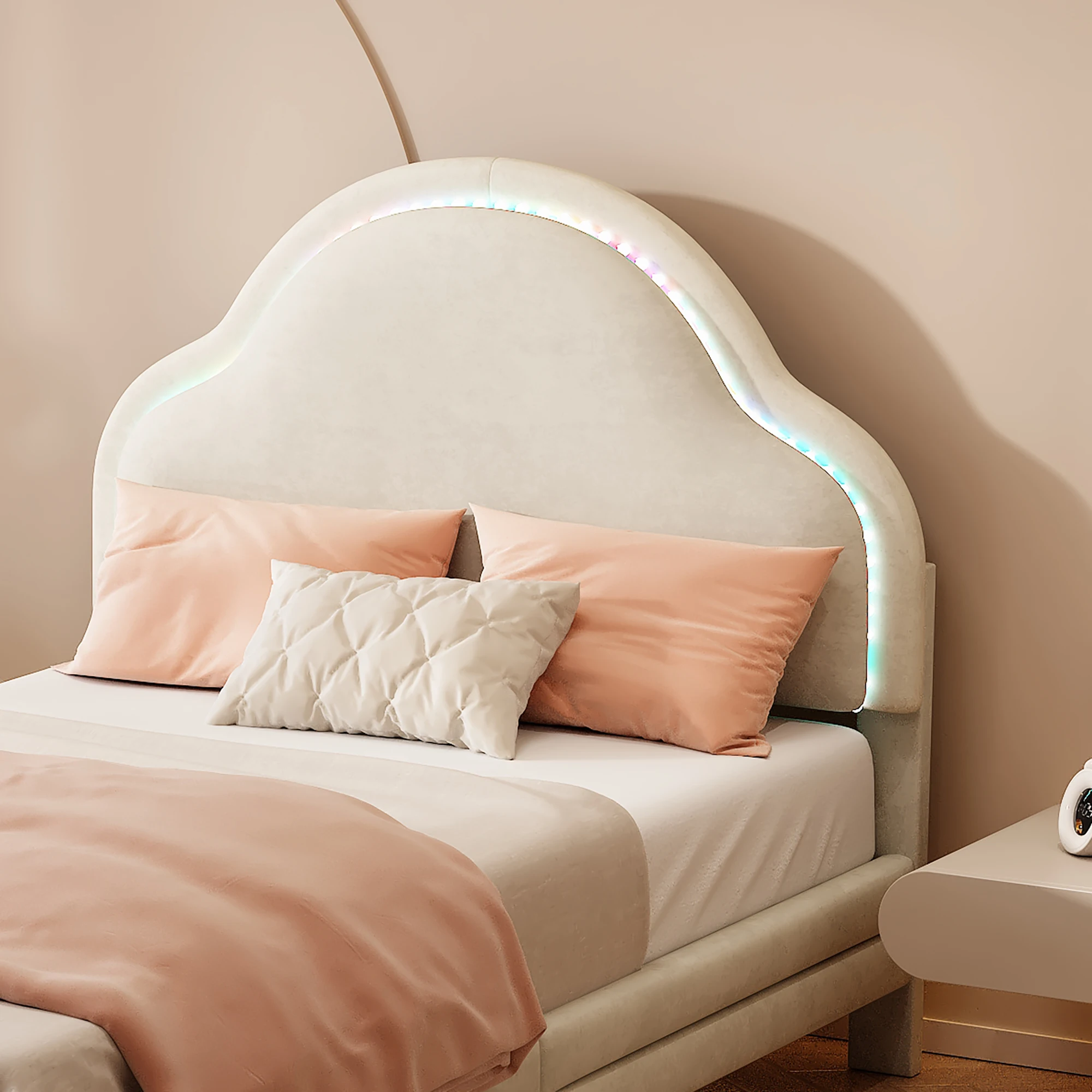 PINGGO Beige Samt Einzelbett 90x200cm Wolkenförmiges Kopfteil Farbwechsel-LED-Streifen Holzlatten Kinderbett Ohne Matratze – Detail 2