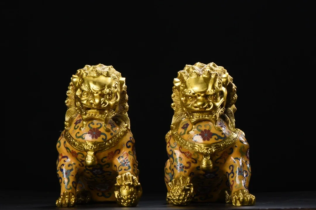 

8"Tibetan Temple Collection Old Bronze Cloisonne Enamel Floral Texture Lion Statue A Pair Gate God Lion Amass wealth Ornaments