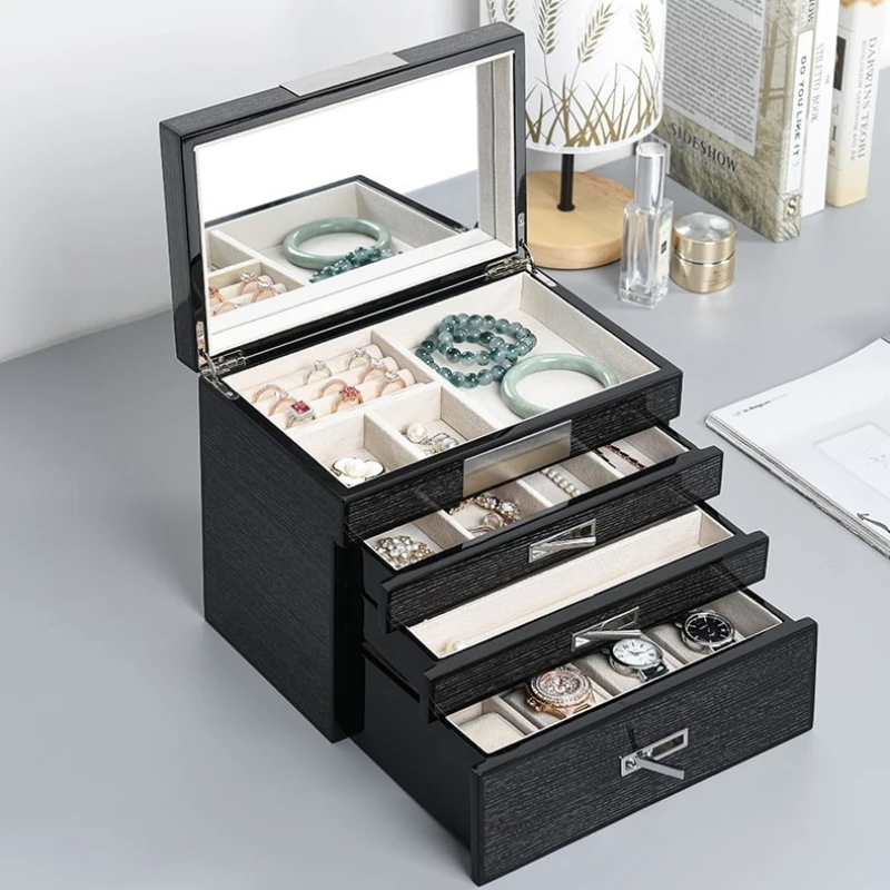 White+Black Large 2-Layer Wooden Jewelry Box Velvet Earrings  Watch Storage Box  Display Organizer with Mirror