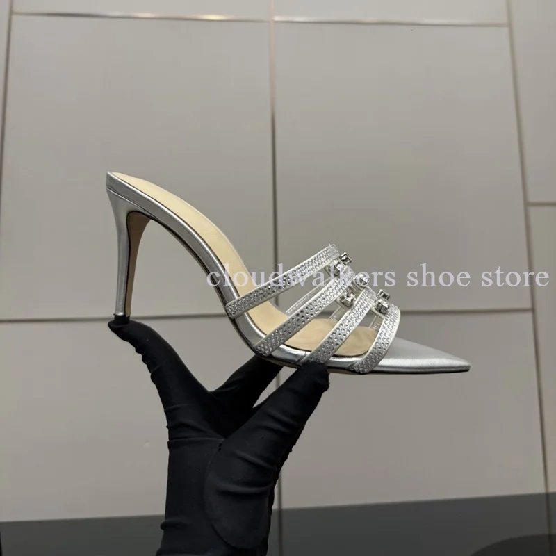 

Exquisite Handcraft Rhinestone Strap Design Sexy Fashion Slipper Suede Pointed Toe Slip On Stiletto Slipper Party Muller Slipper