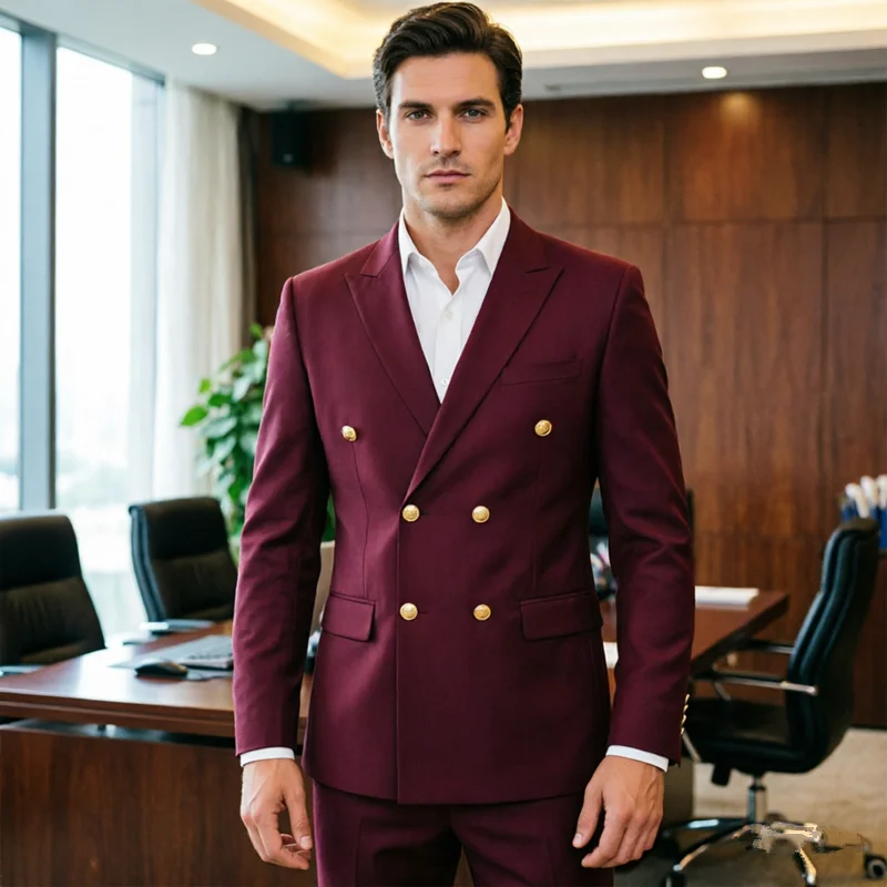 

New Men's Business Formal Burgundy Double Breasted Suits Gold Buttons Slim Fit 2 Piece Wedding Groom Tuxedo Prom Blazer & Pants